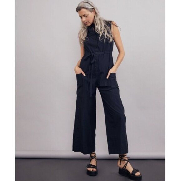 Malia Mills Black Cotton Wide Leg Button Up Drawstring Waist Jumpsuit Size 8 - Picture 2 of 14